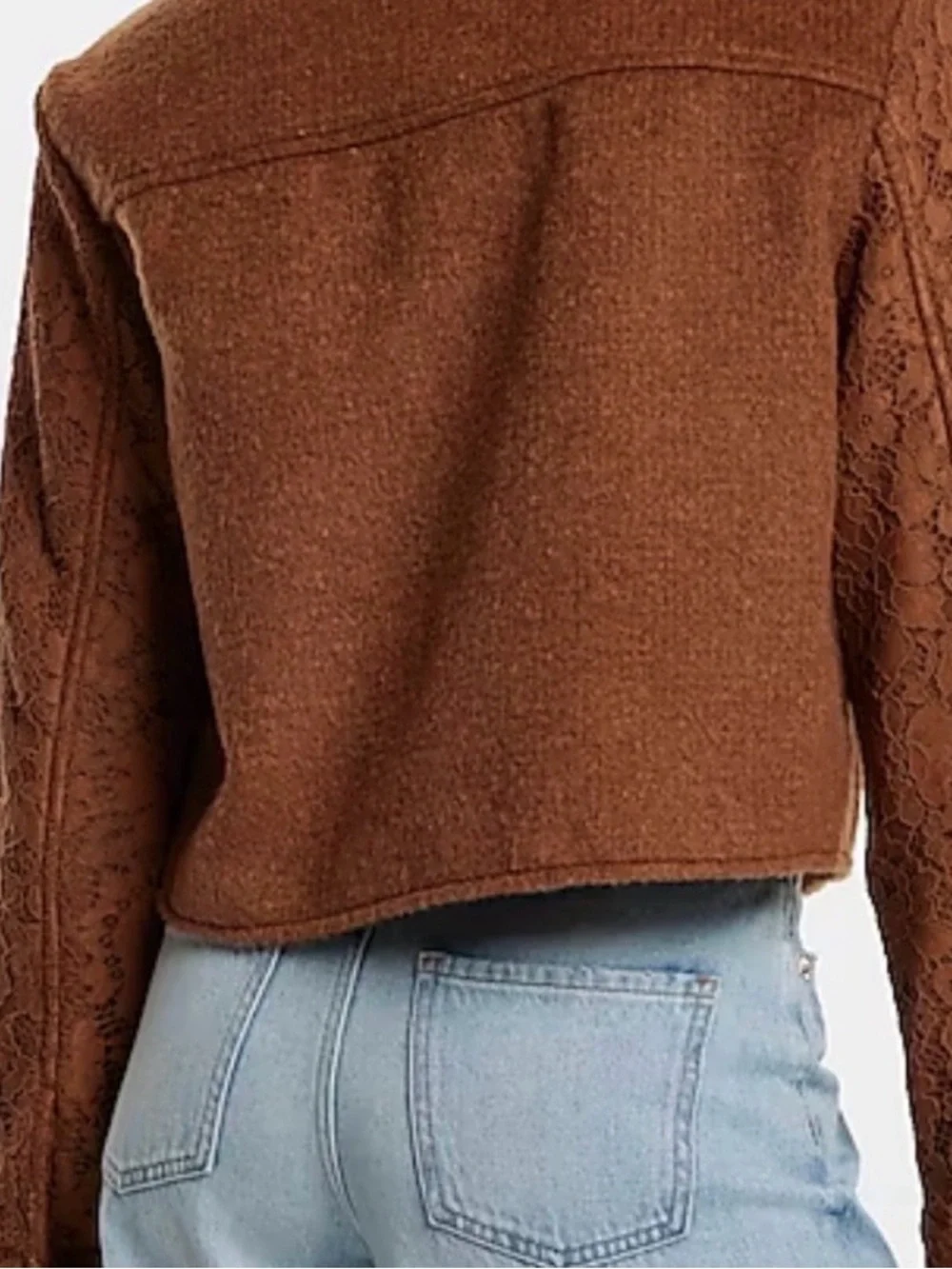 Express - Chic Brown Woven Lace-Sleeve Cropped Jacket NWT -Date  night ready L - Picture 2 of 16
